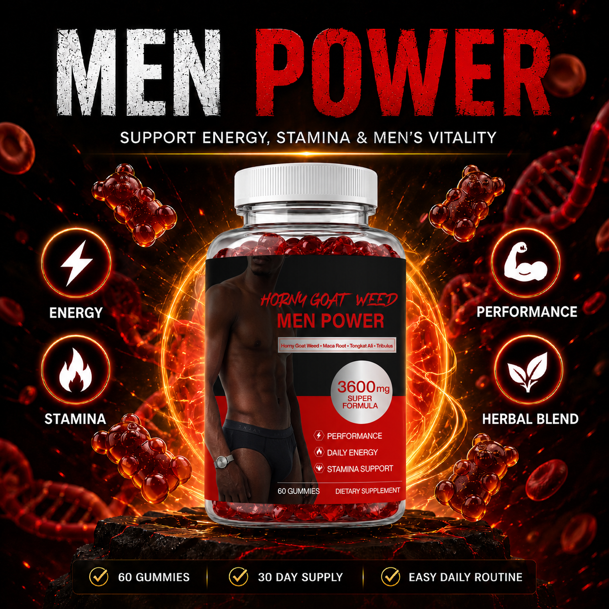 Chumgum Horny Goat Weed Men's Performance Gummies - 3600MG Herbal Blend For Energy, Stamina & Vitality Support